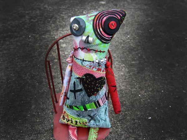 2-Sided Creepy Cute Zombie Monster Art Doll, Hand Printed & Dyed Fabric, One-of-a-kind Mixed Media Art Doll