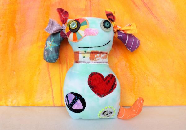 2-Sided Hand Printed & Dyed Fabric Dog Art Doll, Colorful One-of-a-kind Mixed Media Art Doll
