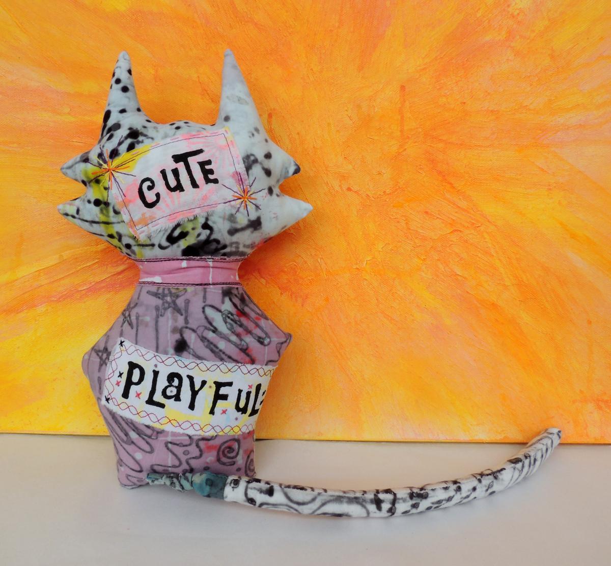 2-Sided Hand Printed & Dyed Fabric Cat Art Doll, One-of-a-kind Mixed Media Art Doll - CRAZY picture