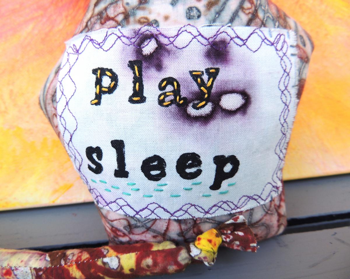 2-Sided Hand Printed & Dyed Fabric Cat Art Doll, One-of-a-kind Mixed Media Art Doll picture