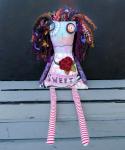 2-Sided Hand Printed & Dyed Fabric Creepy Cute Zombie Girl Art Doll, One-of-a-kind Mixed Media Art Doll