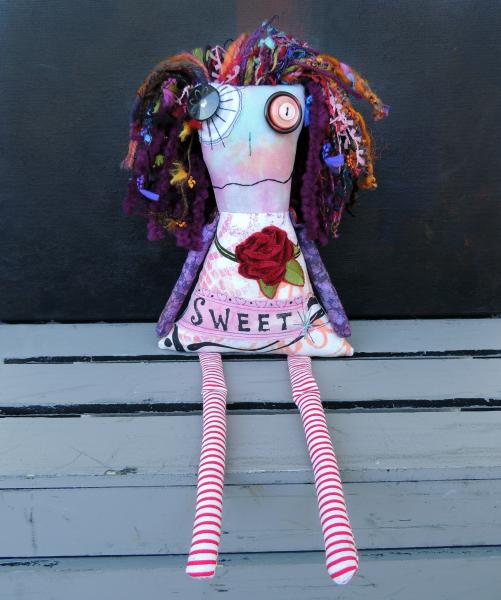 2-Sided Hand Printed & Dyed Fabric Creepy Cute Zombie Girl Art Doll, One-of-a-kind Mixed Media Art Doll picture