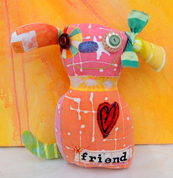 2-Sided Hand Printed & Dyed Fabric Dog Art Doll, One-of-a-kind Mixed Media Art Doll - Friend