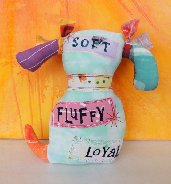 2-Sided Hand Printed & Dyed Fabric Dog Art Doll, Colorful One-of-a-kind Mixed Media Art Doll picture