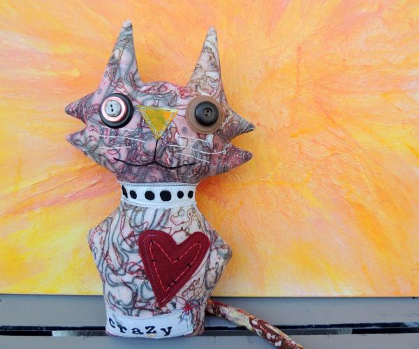 2-Sided Hand Printed & Dyed Fabric Cat Art Doll, One-of-a-kind Mixed Media Art Doll