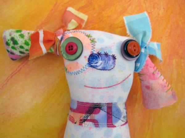 2-Sided Hand Printed & Dyed Fabric Dog Art Doll, Colorful Girl Puppy, Dog Lover gift, One-of-a-Kind Mixed Media Art Doll picture