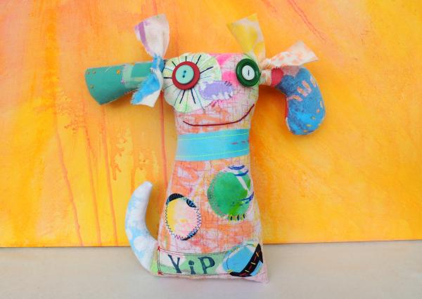 2-Sided Hand Printed & Dyed Fabric Dog Art Doll, One-of-a-kind Mixed Media Art Doll picture