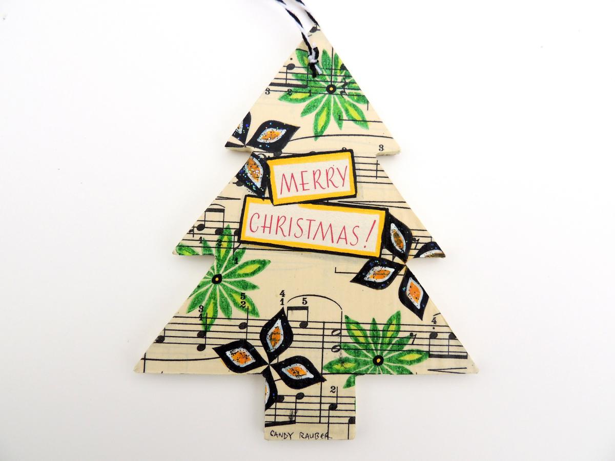 2-Sided Mixed Media Vintage Holiday Art Bugle Santa Christmas Tree Ornament picture