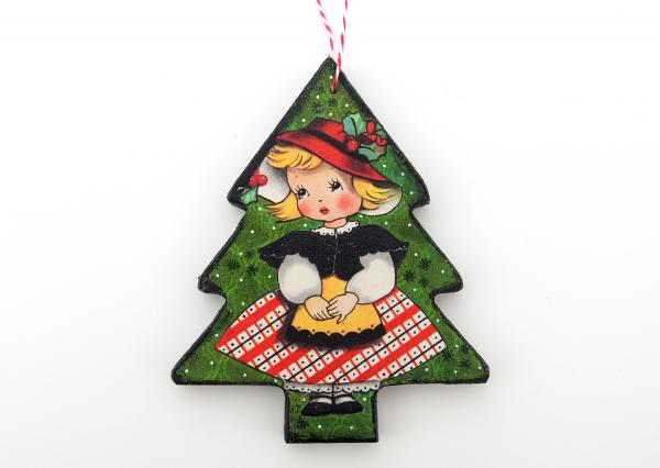 2-Sided Mixed Media Vintage Holiday Art Sweet Girl Christmas Tree Ornament picture