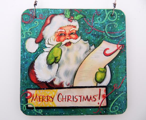 2-Sided Mixed Media Vintage Holiday Art Santa with List Christmas Ornament picture