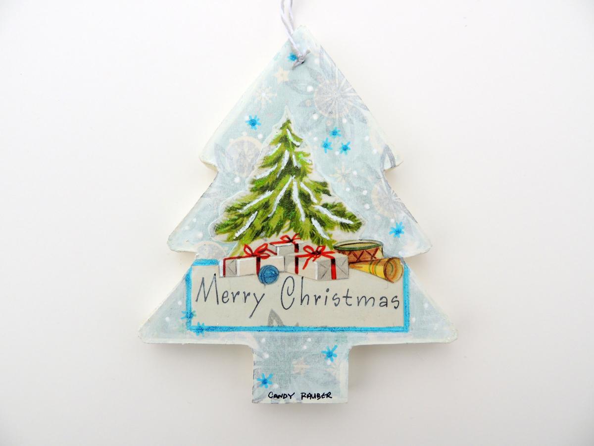 2-Sided Mixed Media Vintage Holiday Art Santa with Presents Christmas Tree Ornament picture