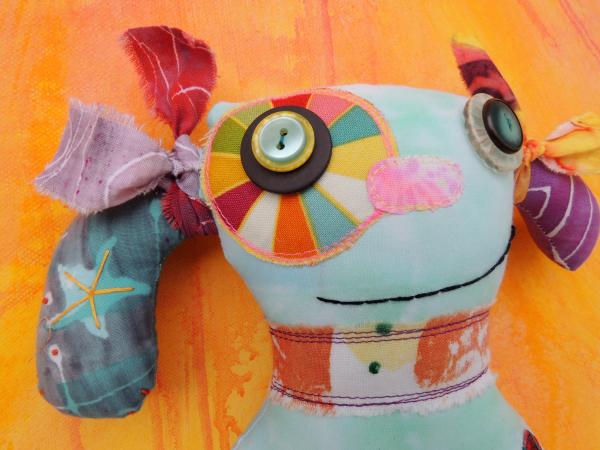 2-Sided Hand Printed & Dyed Fabric Dog Art Doll, Colorful One-of-a-kind Mixed Media Art Doll picture