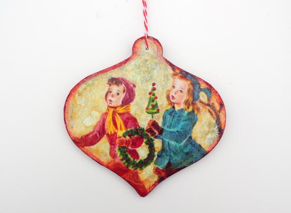2-Sided Mixed Media Vintage Holiday Art Children Christmas Tree Ornament picture
