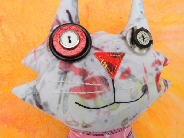 2-Sided Hand Printed & Dyed Fabric Cat Art Doll, One-of-a-kind Mixed Media Art Doll - CRAZY picture