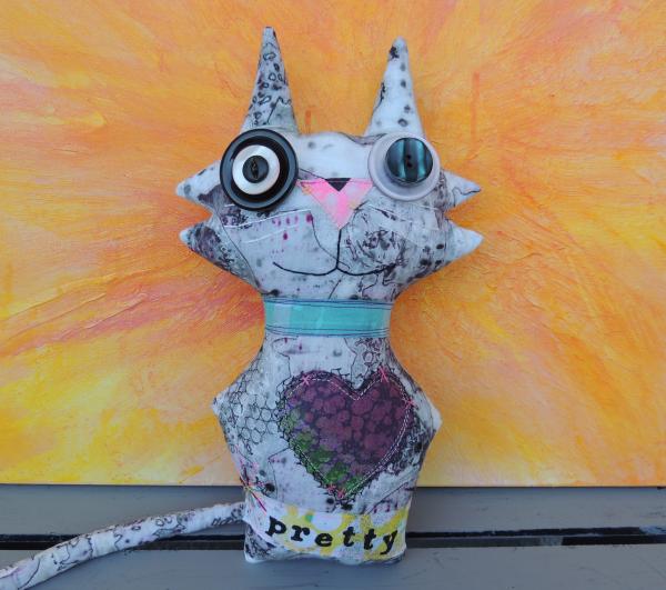 2-Sided Hand Printed & Dyed Fabric Cat Art Doll, One-of-a-kind Mixed Media Art Doll - PRETTY