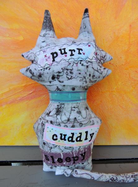 2-Sided Hand Printed & Dyed Fabric Cat Art Doll, One-of-a-kind Mixed Media Art Doll - PRETTY picture
