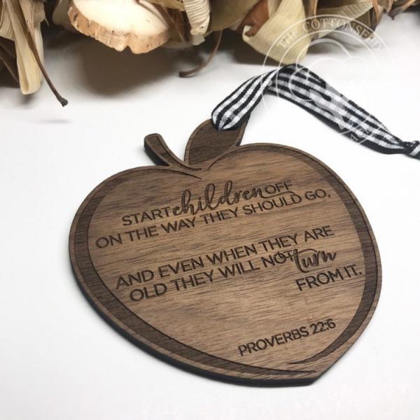 Religious Teacher Apple Proverbs 22:6 Wooden Christmas Ornament picture