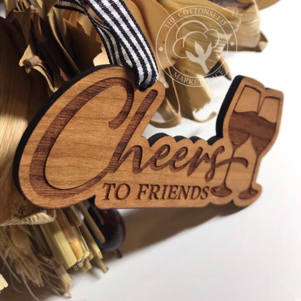 "Cheers to Friends" Wooden Wine Christmas Ornament picture