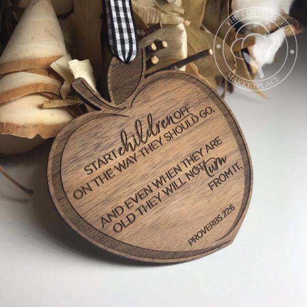 Religious Teacher Apple Proverbs 22:6 Wooden Christmas Ornament picture