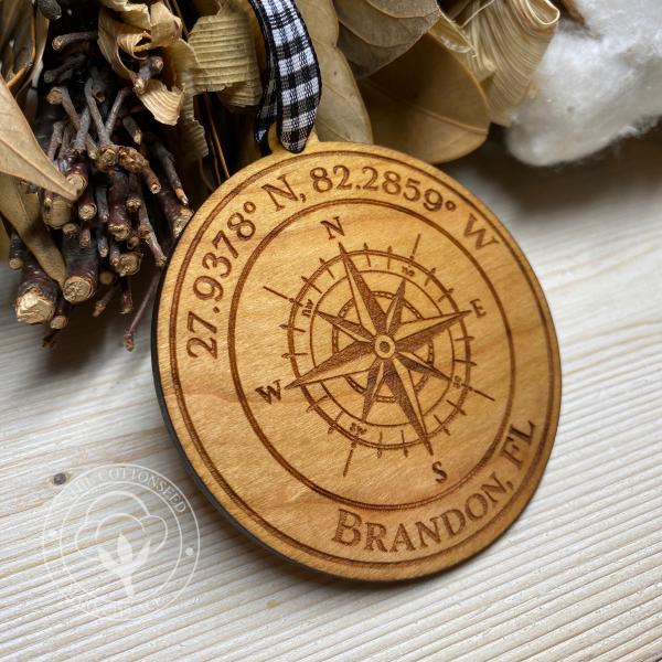 Compass City Coordinates Wooden Christmas Ornament picture