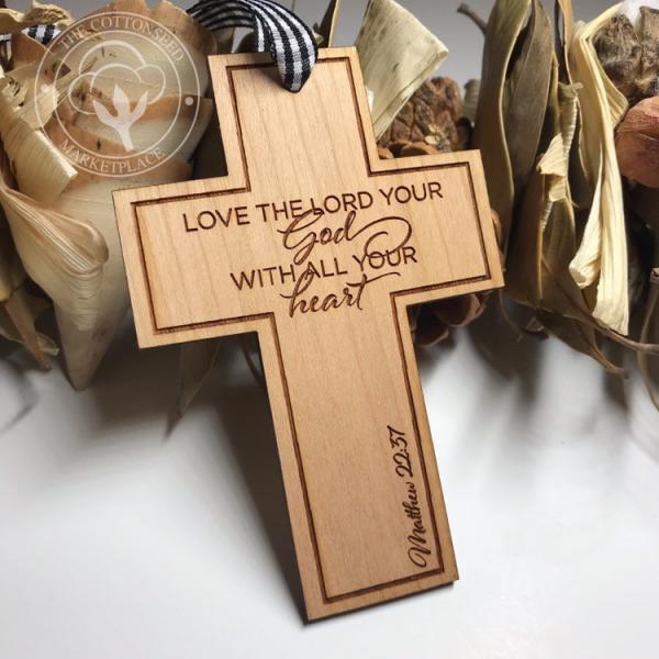 Religious Cross "Love the Lord" Matthew 22:37 Wooden Christmas Ornament picture