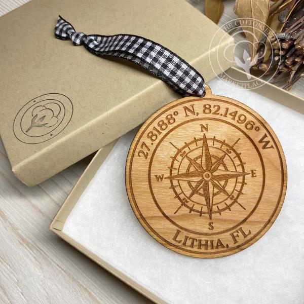 Compass City Coordinates Wooden Christmas Ornament picture