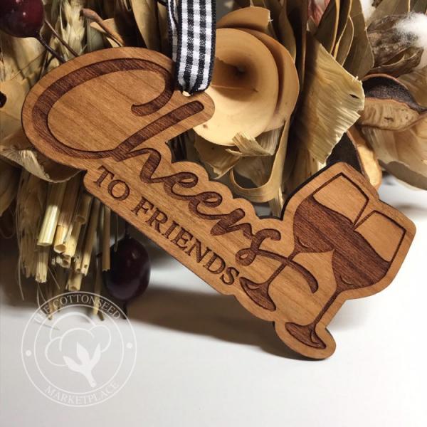 "Cheers to Friends" Wooden Wine Christmas Ornament picture