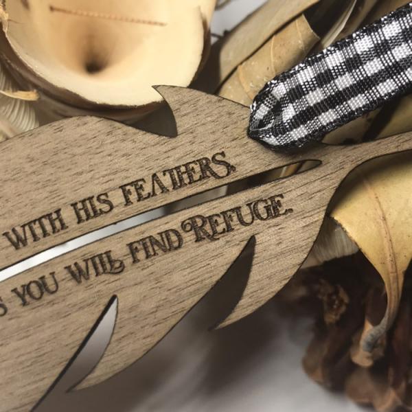 Psalms 91:4 Feather Wooden Christmas Ornament picture