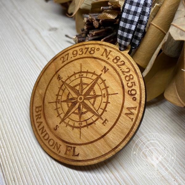 Compass City Coordinates Wooden Christmas Ornament picture