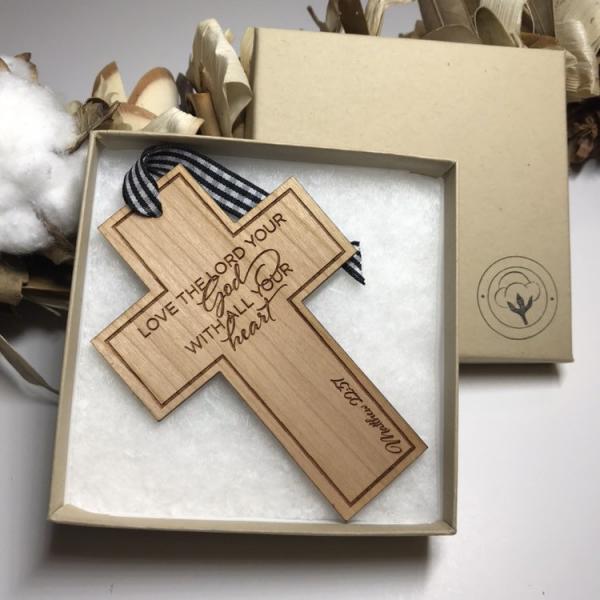 Religious Cross "Love the Lord" Matthew 22:37 Wooden Christmas Ornament picture