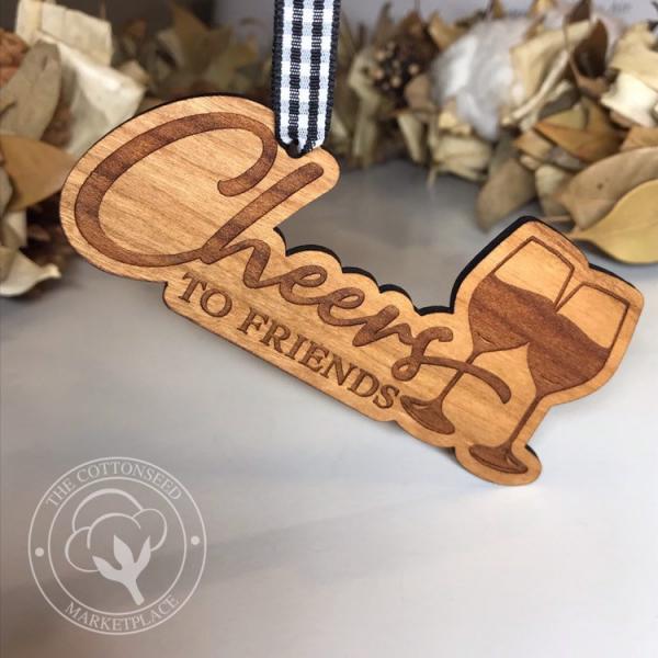 "Cheers to Friends" Wooden Wine Christmas Ornament picture