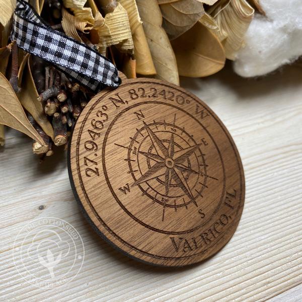 Compass City Coordinates Wooden Christmas Ornament picture