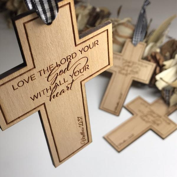 Religious Cross "Love the Lord" Matthew 22:37 Wooden Christmas Ornament picture