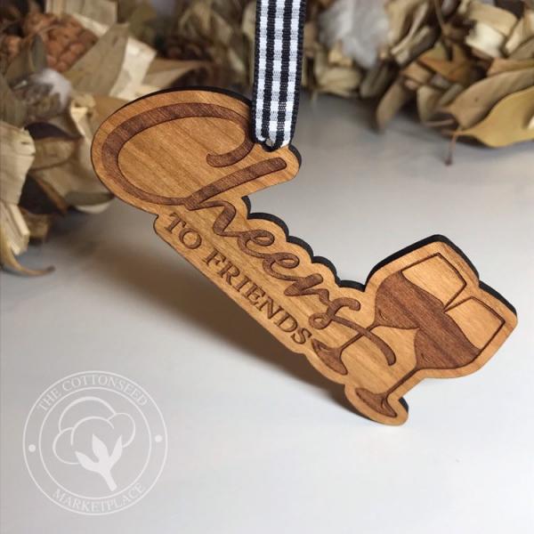 "Cheers to Friends" Wooden Wine Christmas Ornament picture