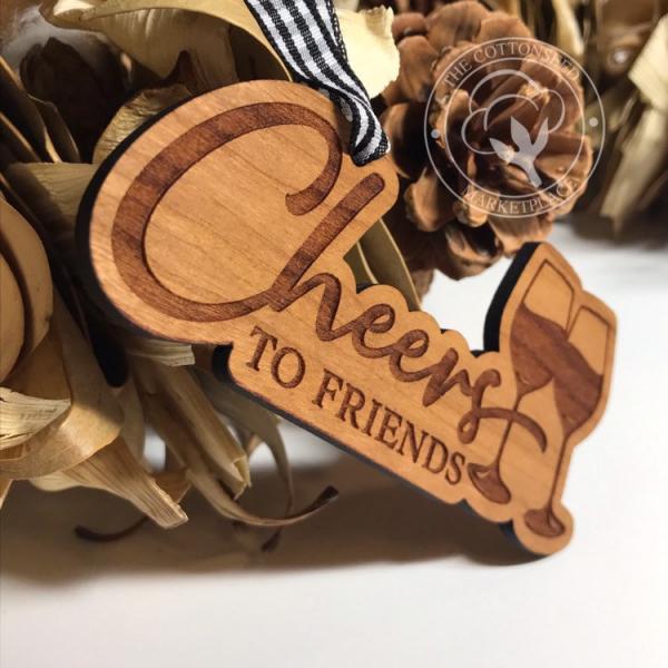 "Cheers to Friends" Wooden Wine Christmas Ornament picture