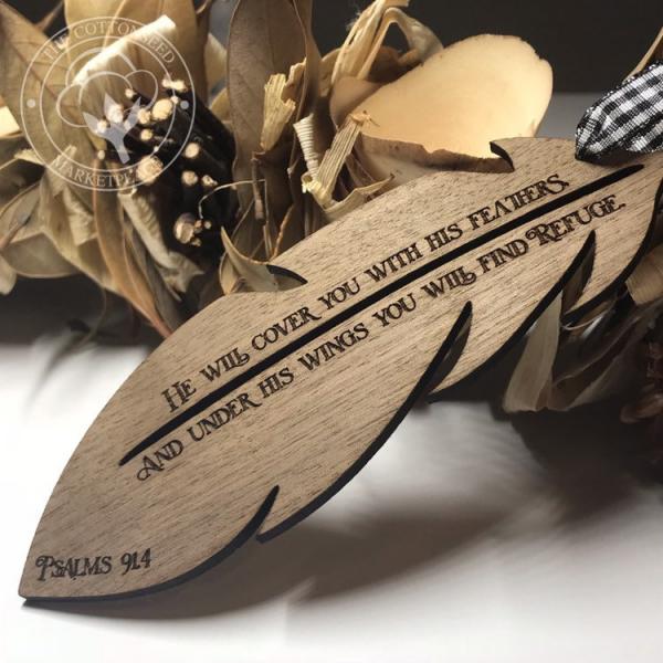 Psalms 91:4 Feather Wooden Christmas Ornament picture