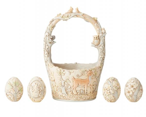 Signed Jim Shore White Woodland Basket with 4 Eggs picture