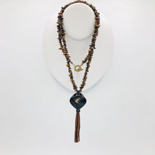 Handmade Fused glass & Tigers Eye Jasper Long Necklace w/ Tassel. "Eye of the Tiger" Beaded One-of-a-kind necklace by Diana Hirschhorn picture