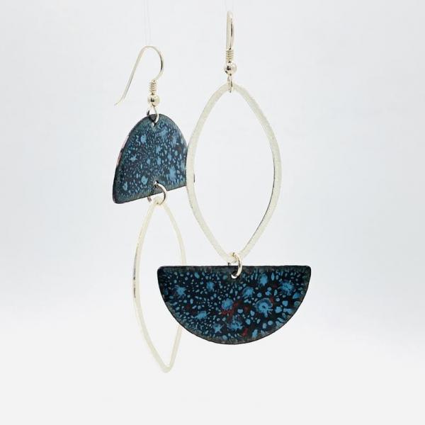 Asymmetrical half-moon shape earrings in blue/brown enamel dangle gracefully, sterling ear wires. Artful Handmade Jewelry by DianaHDesigns! picture