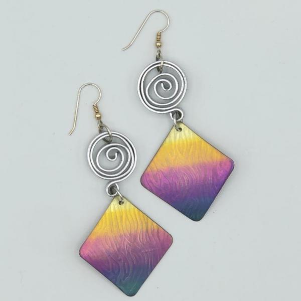 Rainbow modern handmade titanium geometric statement earrings boldy contemporary! Textured, one-of-a-kind, pierced dangles by DianaHDesigns picture