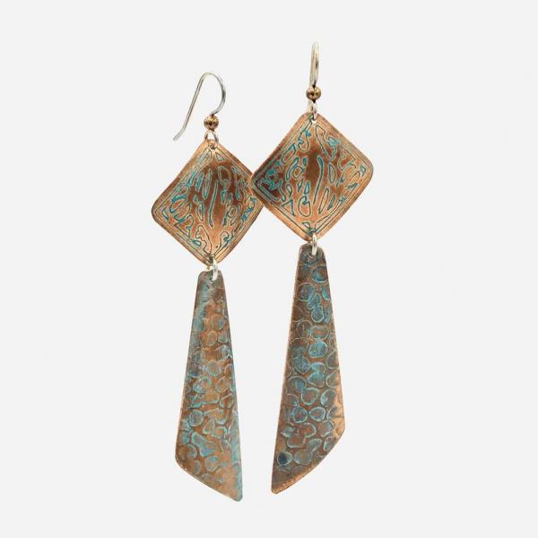 Long modern geometric copper pierced dangle earrings w/ boho flair! Handmade by DianaHDesigns! Etched, textured design, aged green patina. picture