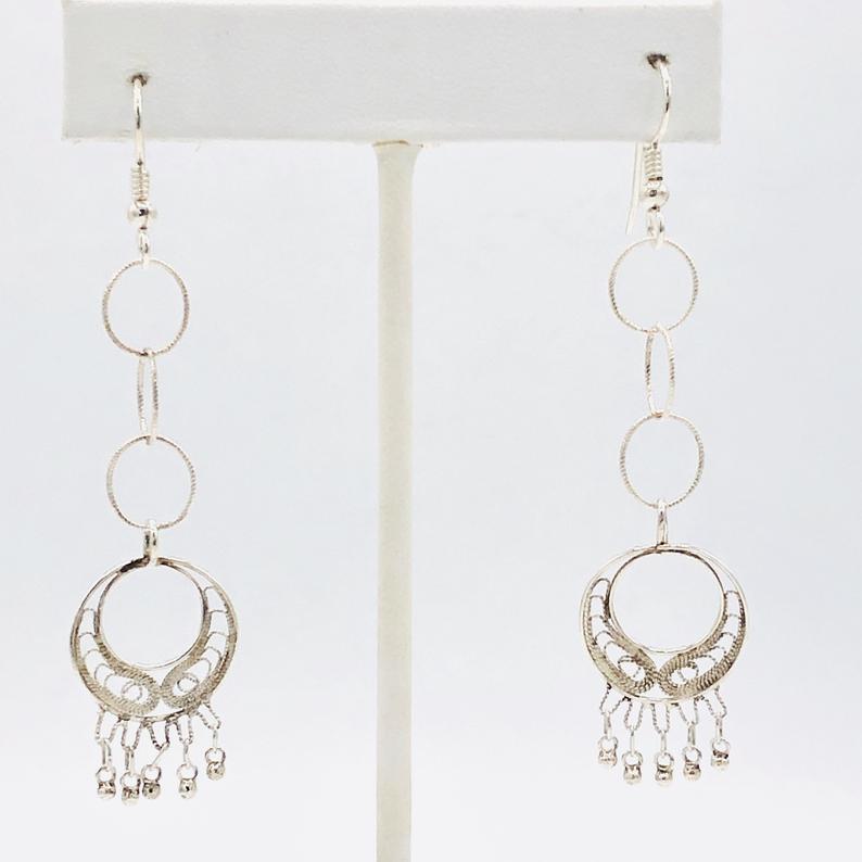 Boho/Modern! Recycled/New! Sterling silver dangle earrings with fine Russian Filigree wire work! Artful Handmade Jewelry by DianaHDesigns picture
