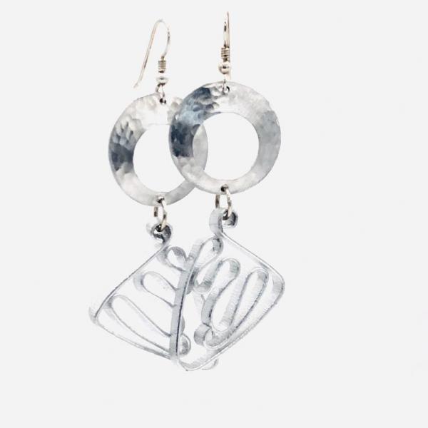 Cosmic geometric fun! Silver aluminum statement earrings by DianaHDesigns. Handmade, contemporary, geometric and lightweight! Only pair! picture