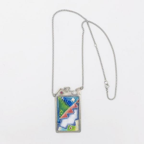 Contemporary, Modern Cloisonné Enamel & Sterling Silver Handmade Artful Necklace by DianaHDesigns. Rainbow...so many colors! Lovely chain! picture