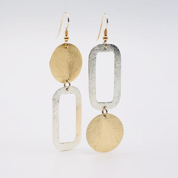 Modern asymmetrical geometric gold/silver earrings, sterling silver ear wires.  Fun, bold, lightweight and sexy dangles!  By DianaHDesigns
