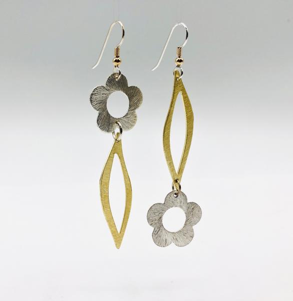 Asymmetrical flower and leaf design earrings in gold/silver tones. Fun, bold, elegant, lightweight & sexy statement dangles by DianaHDesigns picture