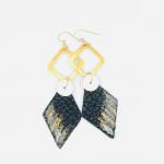 Leather handmade, hand painted modern earrings black/gold/silver. Geometric, bold, lightweight and one-of-a-kind Jewelry by DianaHDesigns!