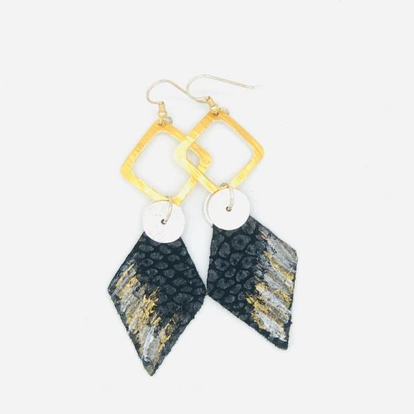 Leather handmade, hand painted modern earrings black/gold/silver. Geometric, bold, lightweight and one-of-a-kind Jewelry by DianaHDesigns! picture