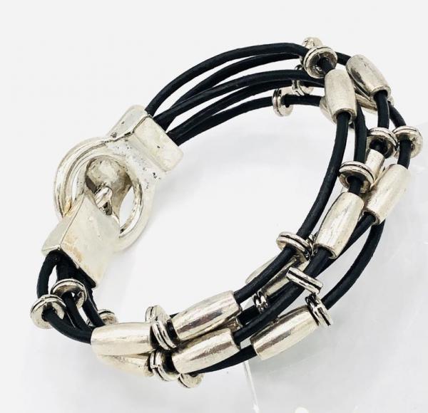 Black Leather Bracelet Magnetic Clasp Stackable Wrap Handmade Artisan Multi-Strand One-of-a-Kind with Silver tone beads, supple leather cord picture