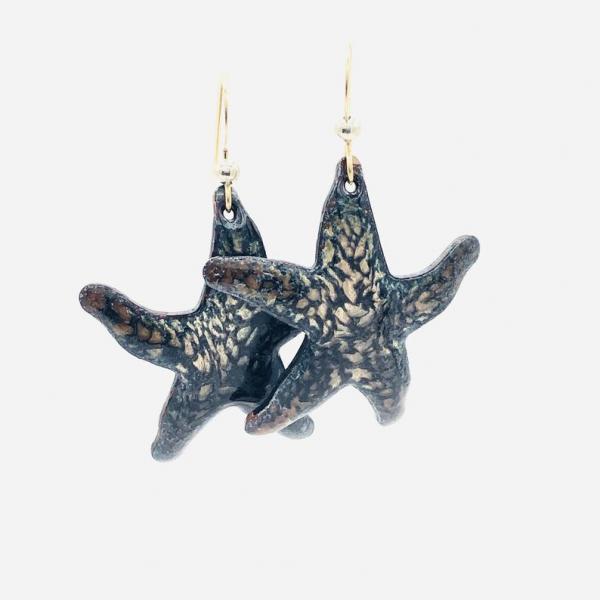 Handmade star shaped dangle earrings. Holiday style starfish in black/gold enamel. Beachy, tropical, fun! Artful Jewelry by DianaHDesigns picture